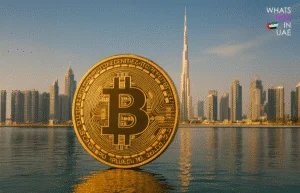 A large Bitcoin symbol appears in the foreground against the backdrop of Dubai's skyline, including the Burj Khalifa, reflecting on a body of water.