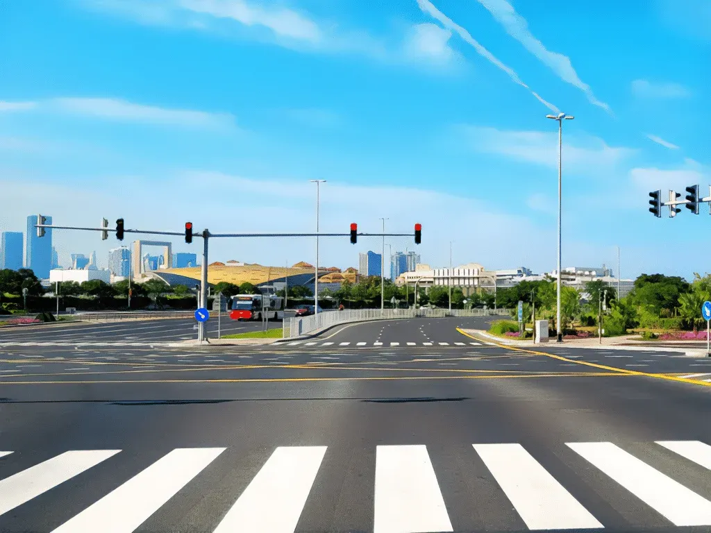 An empty intersection with a zebra crossing and traffic lights under a blue sky, surrounded by urban buildings and greenery.