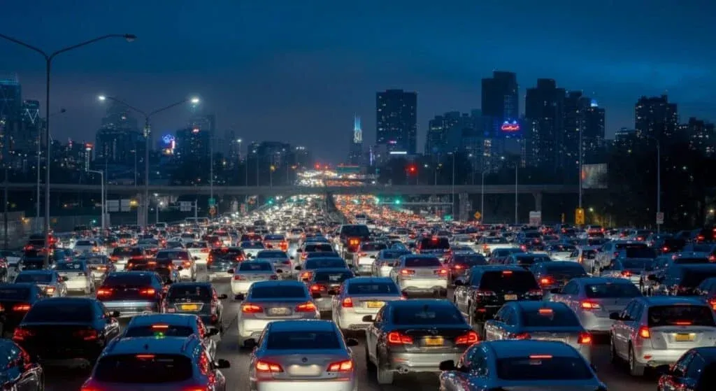 A busy highway filled with traffic during nighttime, with numerous cars' red taillights visible. The city skyline is in the background, illuminated by building lights under a dark blue sky.