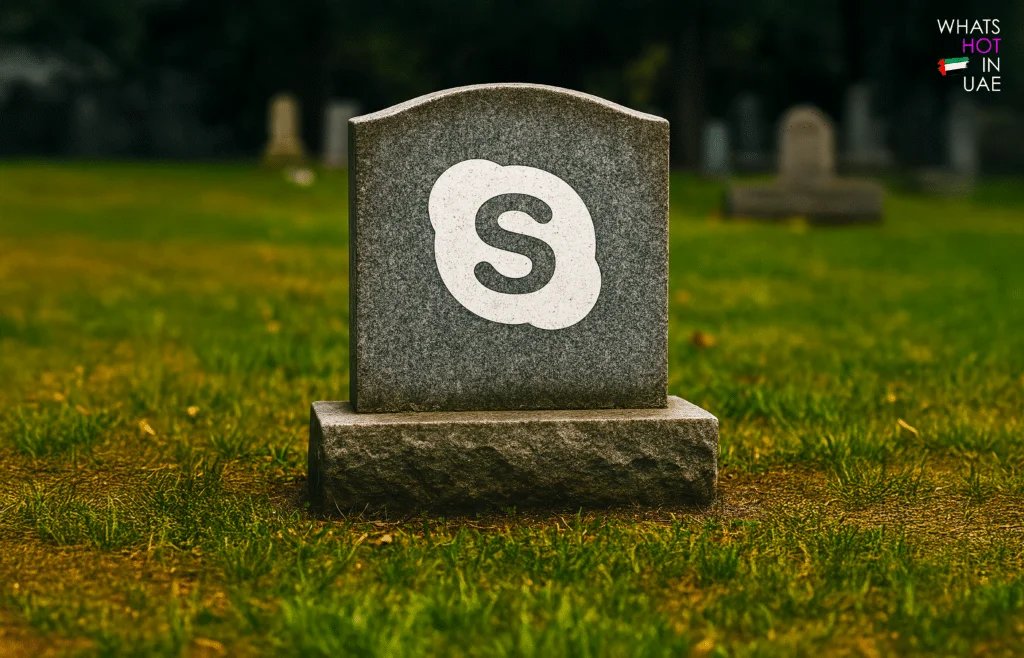 A tombstone on a grassy field with the Skype logo engraved on it, symbolizing the decline or end of the platform.