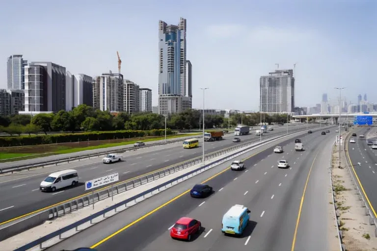 A busy highway with several lanes of traffic, including cars and trucks, passing through an urban area with tall buildings and greenery along the side.