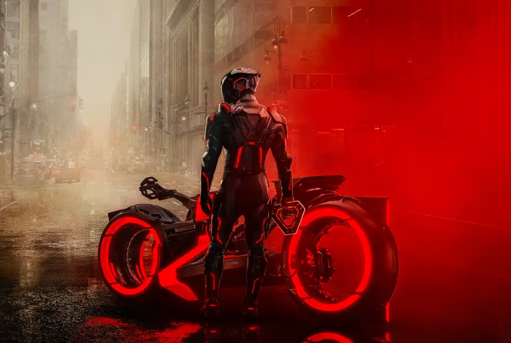 A futuristic scene depicting a person in a high-tech suit standing next to a glowing red motorcycle on a misty, deserted city street.