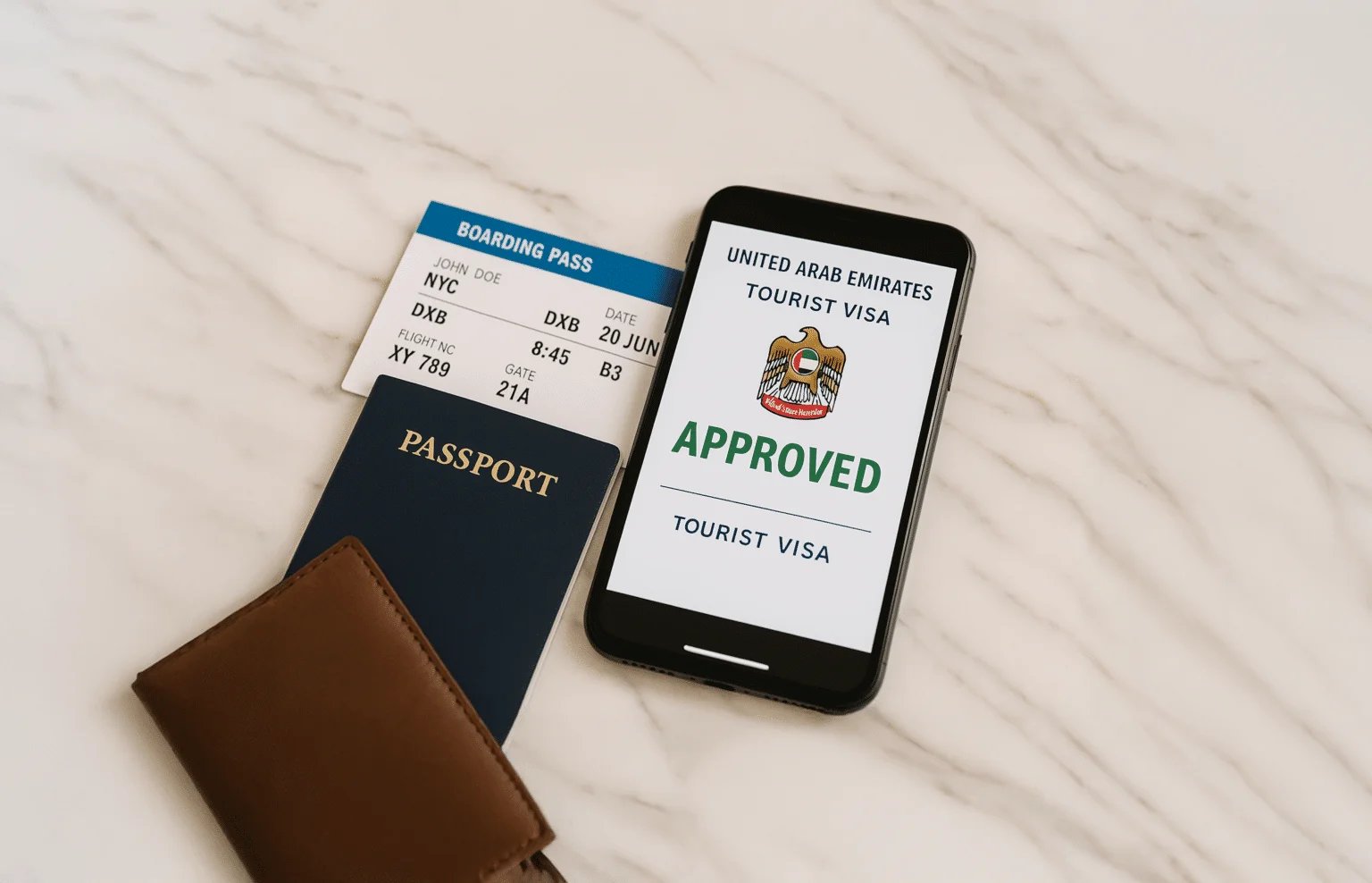 A smartphone showing an approved United Arab Emirates tourist visa next to a boarding pass and a passport on a marble surface.