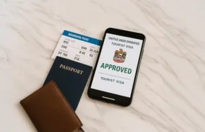 A smartphone showing an approved United Arab Emirates tourist visa next to a boarding pass and a passport on a marble surface.