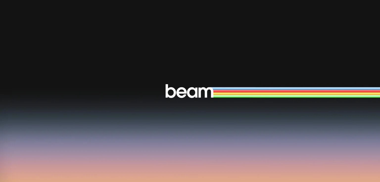 A minimalist graphic featuring the word 'beam' in lowercase white letters, positioned towards the right side, accompanied by colorful horizontal stripes of red, yellow, green, blue, and pink extending from the word against a gradient background transitioning from black to shades of purple and peach at the bottom.
