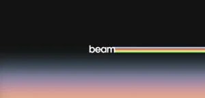 A minimalist graphic featuring the word 'beam' in lowercase white letters, positioned towards the right side, accompanied by colorful horizontal stripes of red, yellow, green, blue, and pink extending from the word against a gradient background transitioning from black to shades of purple and peach at the bottom.