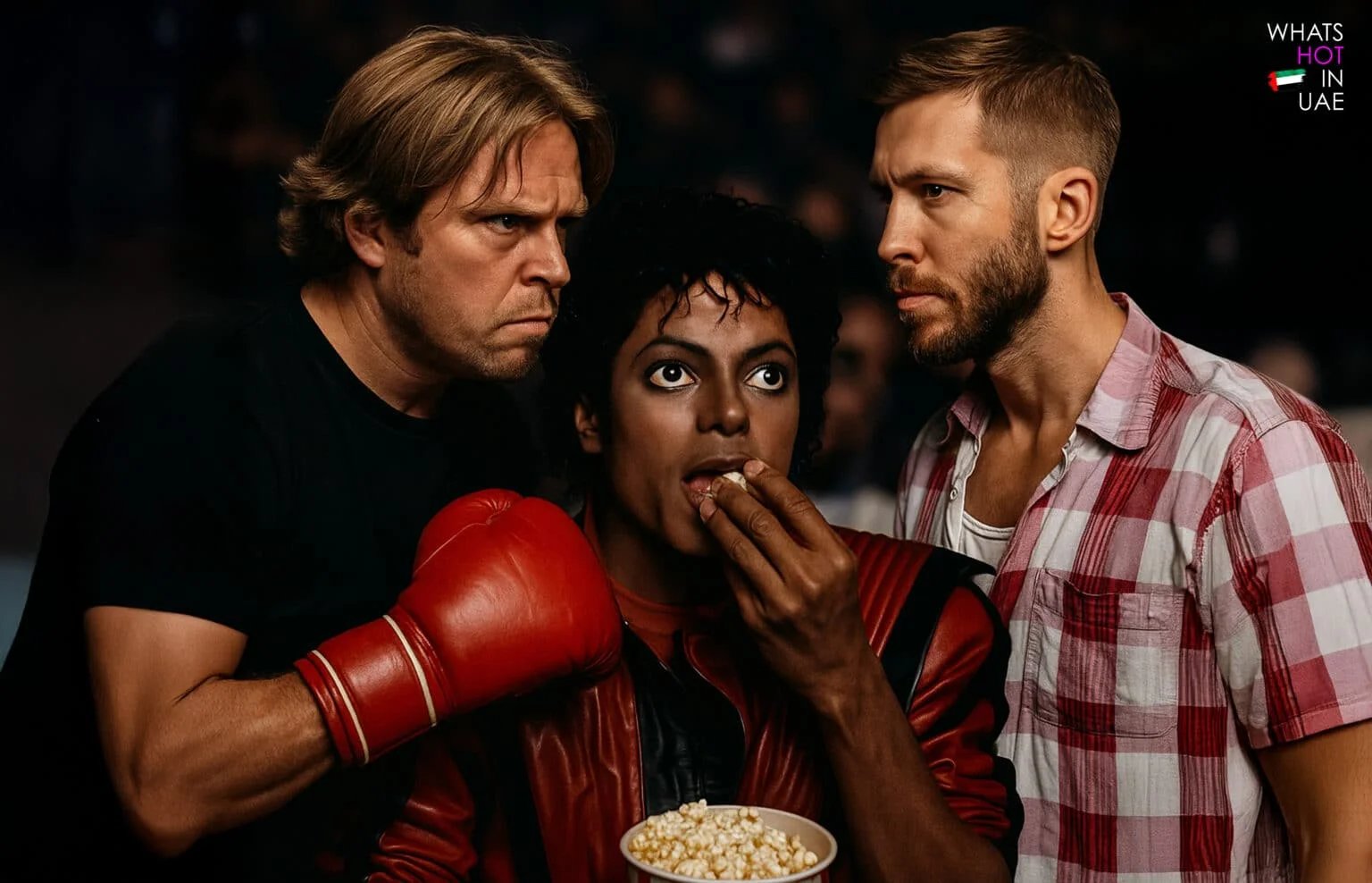 Three men are gathered, with one in a red boxing glove and jacket, another looking intensely at the first, and the third in a checkered shirt, all engaged in a moment of suspense as the man in the center eats popcorn.