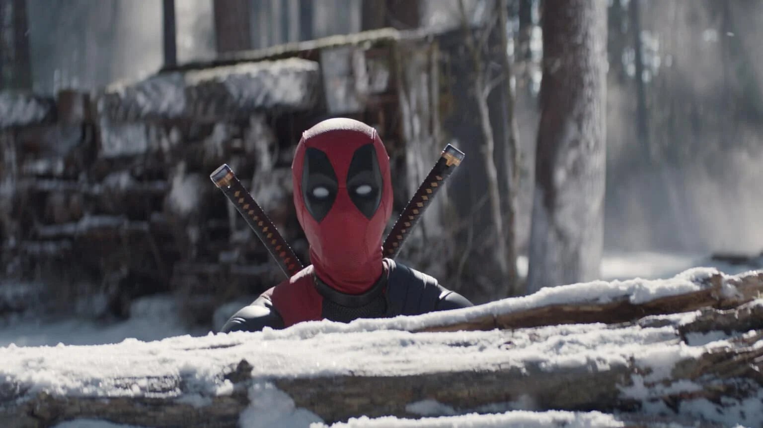 A masked figure in a red and black costume, wielding two swords on their back, peeks over a snow-covered log in a forest setting with trees in the background.