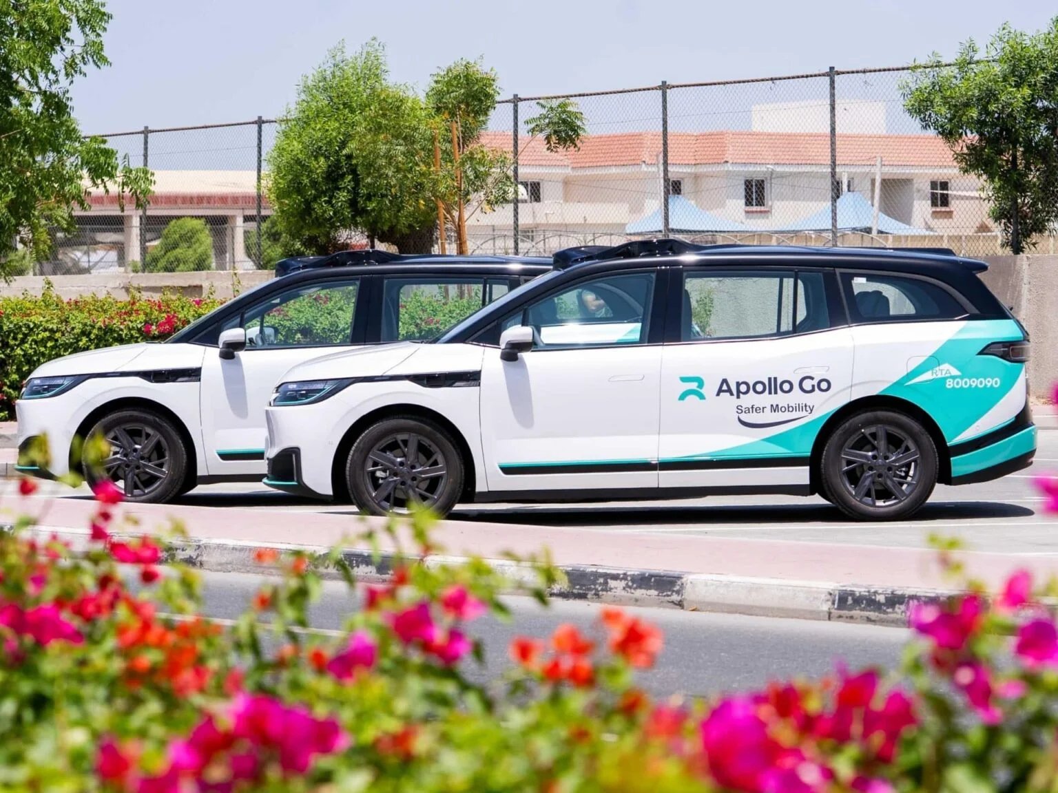 Two white autonomous vehicles branded with 'Apollo Go' are parked side by side in a sunny outdoor setting, with colorful flowers in the foreground and a fence in the background.