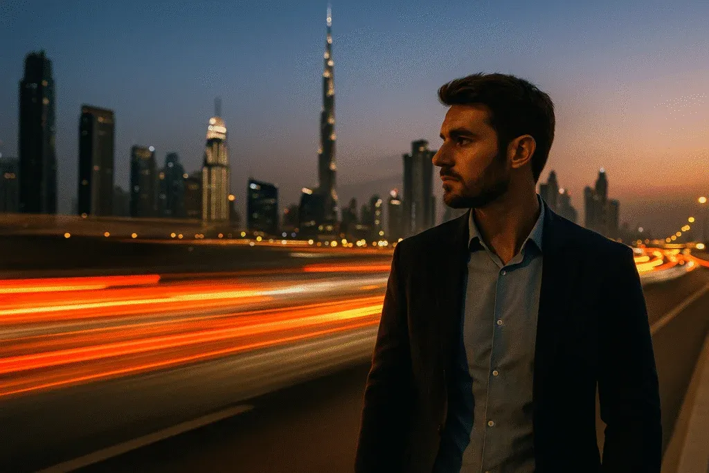 A young man in a dark blazer stands on a busy highway at dusk, with the skyline of a modern city in the background and bright light trails from passing cars creating a dynamic effect.