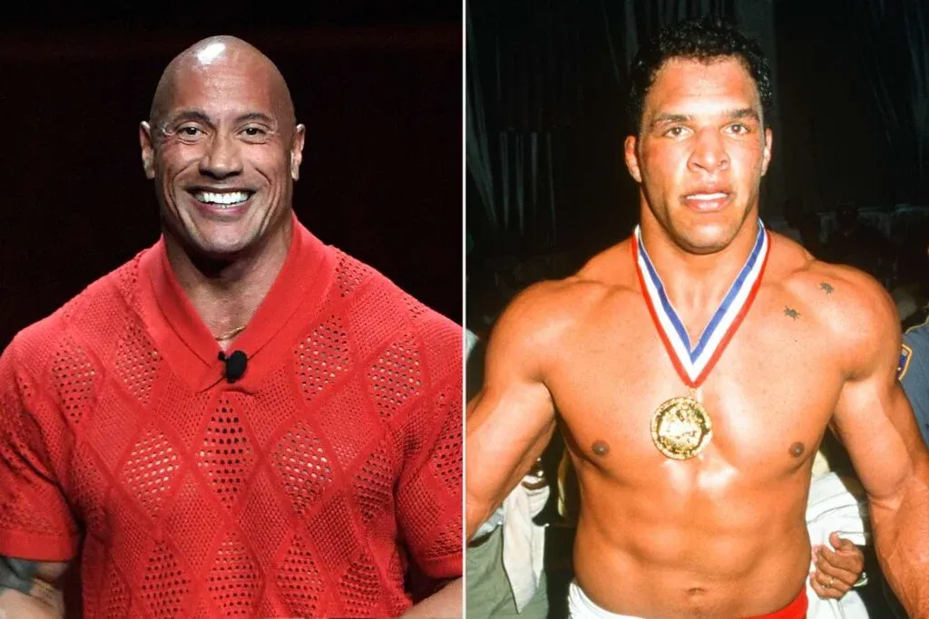 A split image featuring two muscular men; on the left, a bald man in a red patterned shirt smiling broadly, and on the right, a shirtless man with a medal around his neck, showing a serious expression while displaying tattoos on his shoulder.