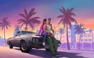 A stylized digital illustration featuring a man and a woman leaning against a classic silver car, set against a vibrant tropical backdrop with palm trees and a pastel sunset sky. The man is wearing a sleeveless shirt and cargo pants, while the woman is dressed in a pink top and jeans, with her arms wrapped around him.