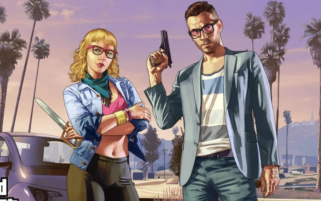 A male and female character from a video game stand in a stylized urban setting, with palm trees in the background. The woman, wearing a casual outfit with a knife in her hand, has blonde curly hair and glasses. The man, dressed in a light blazer and holding a gun, appears confident with a serious expression.