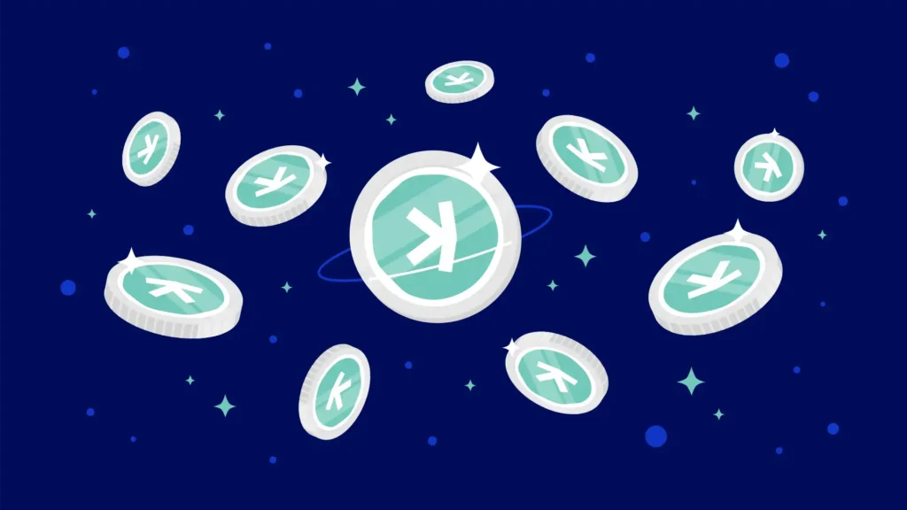 A vibrant, digital illustration of floating coins against a dark blue background, featuring a central large coin and several smaller coins, all with a stylized symbol on them and surrounded by small stars.