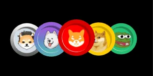 A graphic featuring five cartoon-style tokens, each with different character illustrations, including a shiba inu dog, an animated dog with a happy expression, a stylized fox logo, a doge, and a cartoon frog, set against a black background.