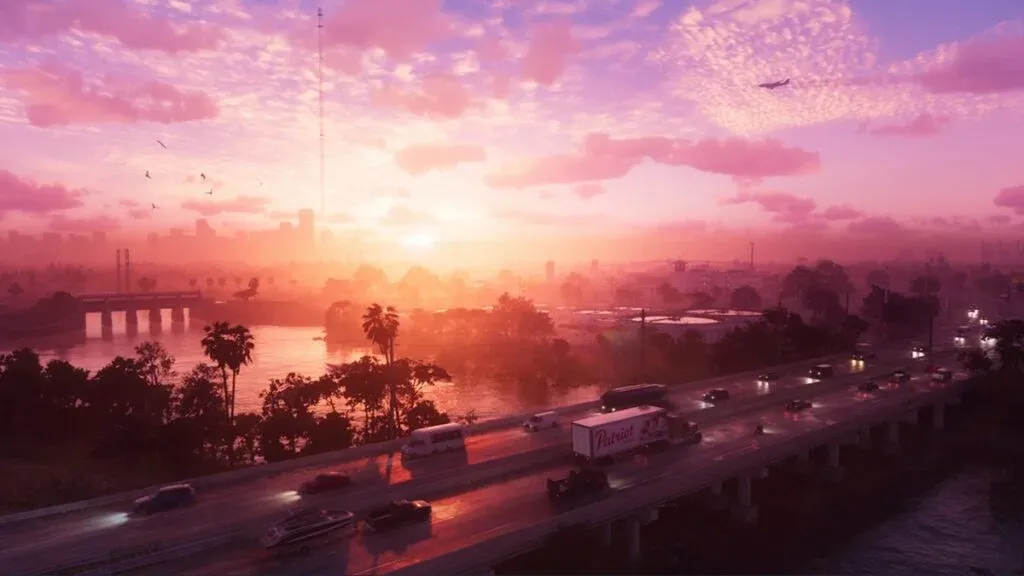 A scenic view during sunset over a cityscape, featuring a highway with vehicles, a river reflecting the colorful sky, and silhouettes of palm trees. Soft pink and purple clouds enhance the tranquil atmosphere.