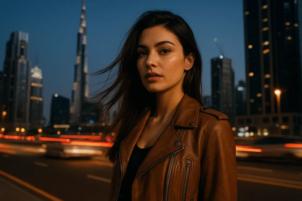 A woman with long hair, wearing a brown leather jacket, stands in a cityscape at dusk. Tall buildings and the Burj Khalifa are visible in the background, with streaks of light from passing vehicles on the road.