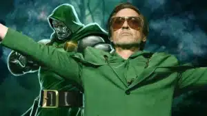 A man in a green cloak and sunglasses poses confidently with arms outstretched, while a character resembling a villain in a metallic mask and green attire looms behind him in a misty, atmospheric setting.