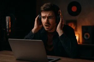 A man with short brown hair looks shocked and distressed while wearing headphones, holding his ears, and staring at a laptop on a wooden table in a dimly lit recording studio.