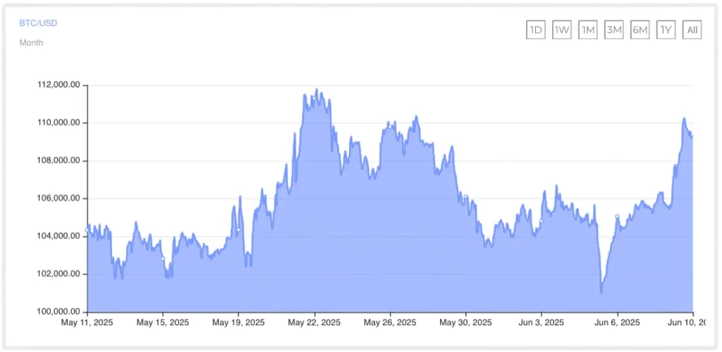 A line graph depicting the price of Bitcoin (BTC) against the US Dollar (USD) over the month of May 2025, showing fluctuations between approximately 0,000 and 2,000.