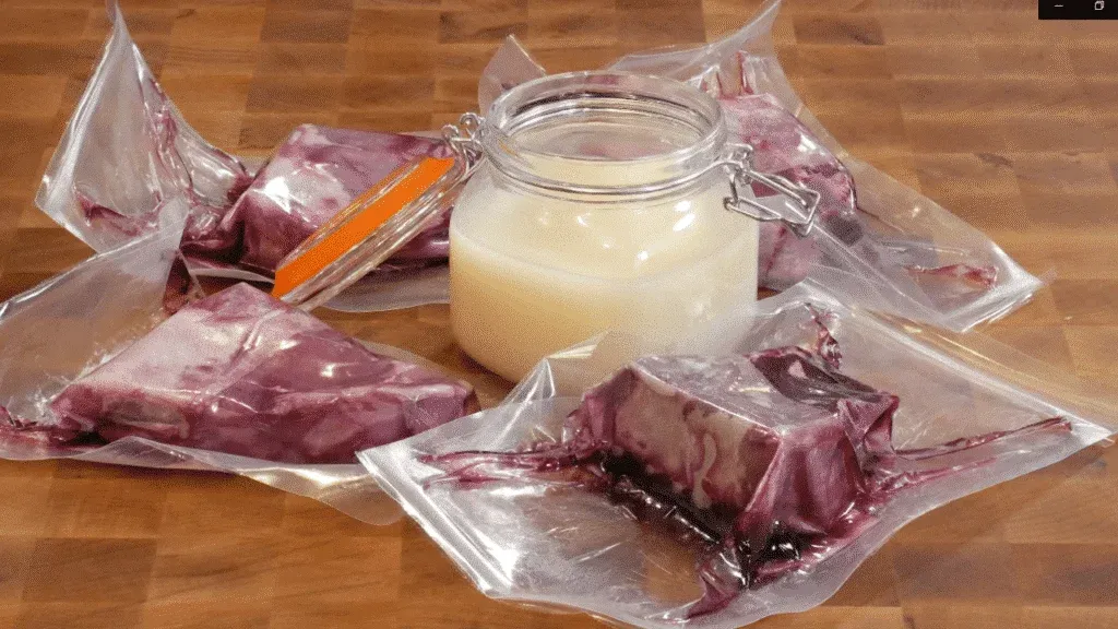 Five vacuum-sealed packages containing dark red liquid, resembling blood or a similar substance, are arranged around a clear glass jar filled with a creamy white liquid, all placed on a wooden surface.