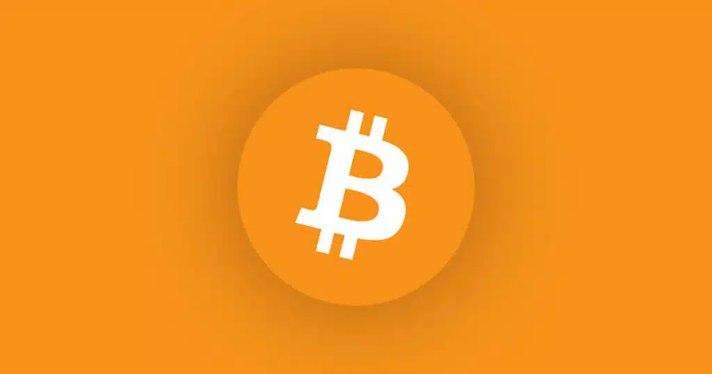A circular logo featuring the Bitcoin symbol in white against a bright orange background.