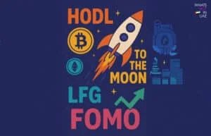 A colorful digital illustration featuring a rocket launching with flames, alongside symbols of Bitcoin and Ethereum, and the text phrases 'HODL', 'TO THE MOON', 'LFG', and 'FOMO', set against a starry background with additional graphics of buildings and a crab symbol.