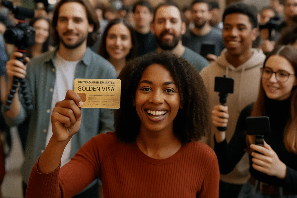 A smiling woman with curly hair holds up a golden visa card in the foreground, while a crowd of diverse individuals captures the moment with cameras and smartphones in the background.