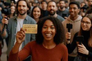 A smiling woman with curly hair holds up a golden visa card in the foreground, while a crowd of diverse individuals captures the moment with cameras and smartphones in the background.