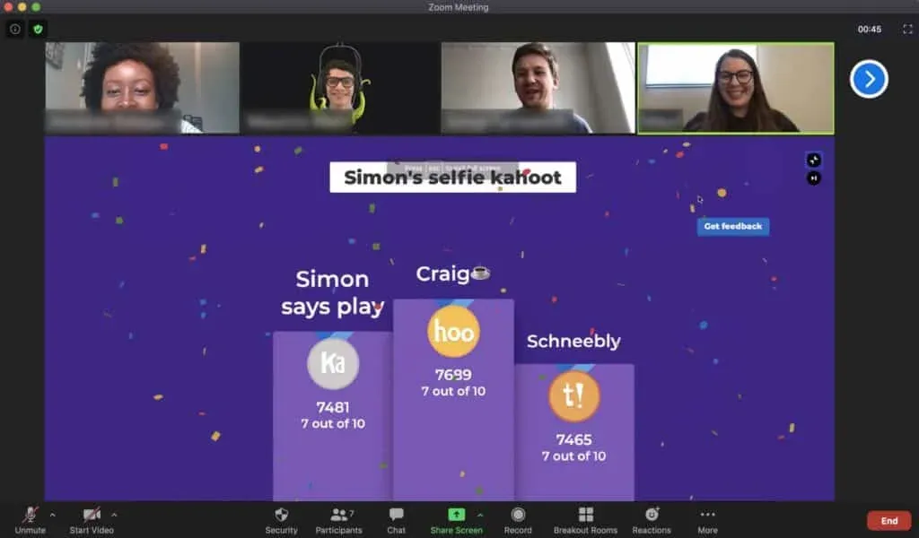 Screenshot of a Zoom meeting displaying a Kahoot game titled 'Simon's selfie Kahoot,' featuring four participant names with scores. The scores are: Simon says play - 7481, Craig - 7699, Schneebly - 7465, and a user identified as 'hoo' with a score of 7699, with colorful confetti in the background.
