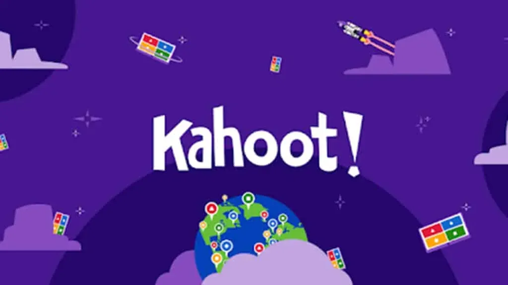 Colorful graphical representation of the Kahoot! brand, featuring the word 'Kahoot!' in bold white letters against a purple background, with a stylized globe surrounded by colorful markers and floating game cards, and a rocket launching into the sky.