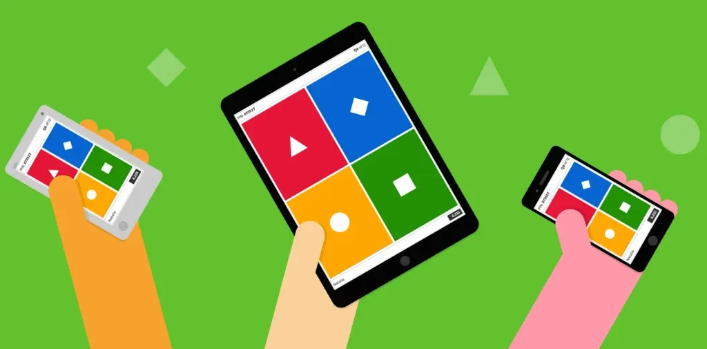 Three hands holding electronic devices displaying a game interface with colorful shapes (red triangle, blue diamond, green square, yellow circle) against a bright green background.