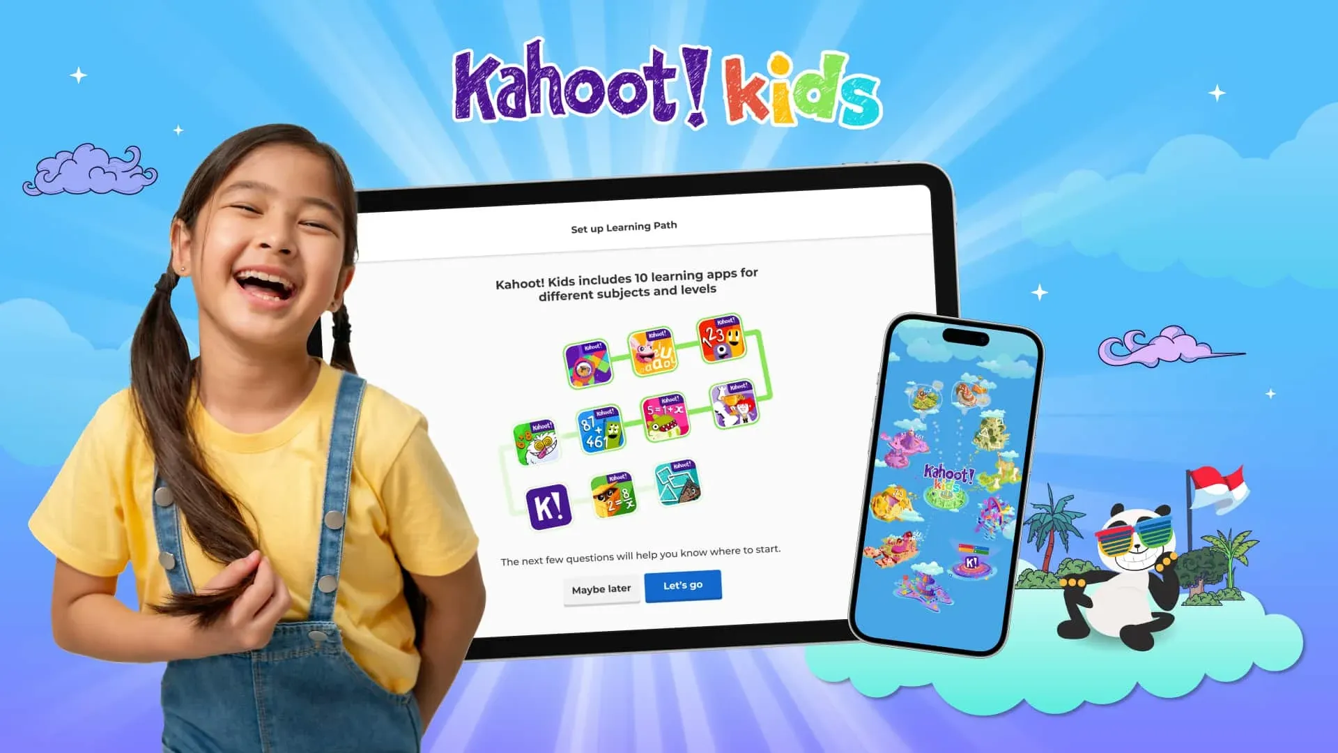 A smiling girl with long hair in pigtails wearing a yellow shirt and denim overalls stands in front of a tablet displaying the Kahoot! Kids interface, which features educational apps. A smartphone beside her shows the Kahoot! Kids app with colorful graphics, while a cartoon panda wearing sunglasses is featured in the background along with clouds and palm trees.