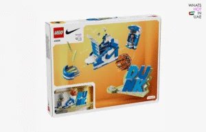 A LEGO set box featuring a basketball theme, showcasing a blue and white assembly with a basketball, a shoe, and the text "DUNK" in large letters. The box includes diagrams for assembly and branded logos for LEGO and Nike, along with the text "WHATS HOT IN UAE" on the top right.