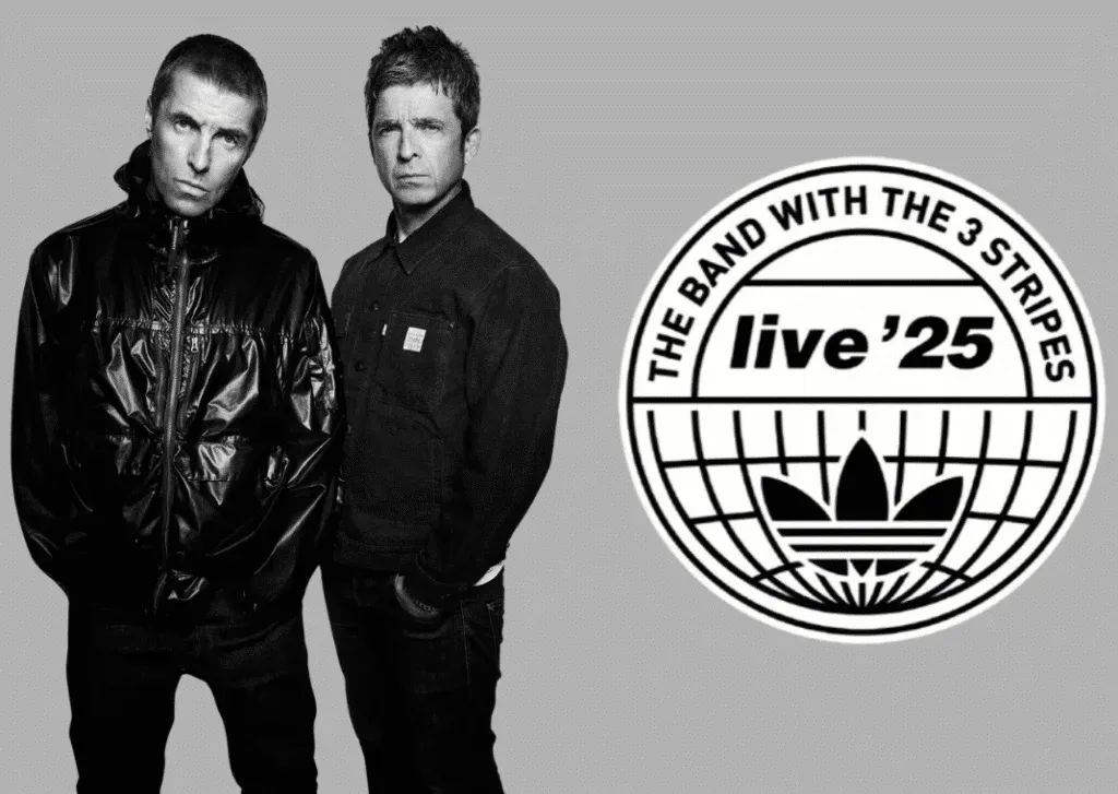 Two male musicians are standing side by side, both looking serious. One is wearing a shiny black jacket, and the other is in a dark button-up shirt. A circular logo featuring a globe and an Adidas symbol is on the right, with the text 'THE BAND WITH THE 3 STRIPES' and 'live ’25'.
