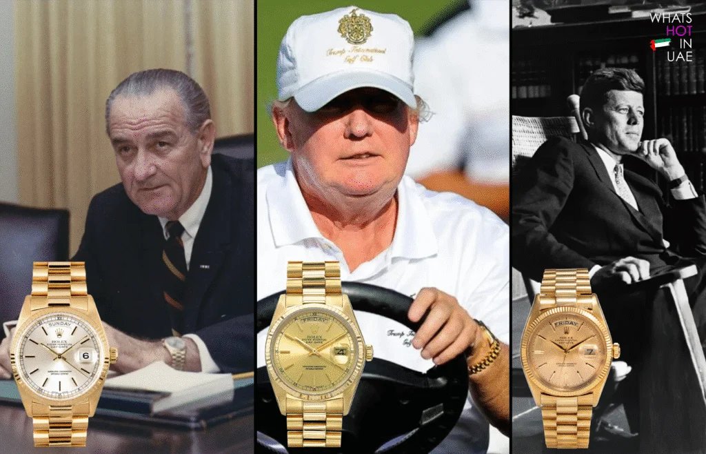 A triptych featuring three men: on the left, a serious-looking middle-aged man in a suit with a striped tie seated at a desk; in the center, a smiling man with short hair wearing a baseball cap and white shirt while holding a steering wheel; on the right, a distinguished man in a suit sitting in a chair with a book in hand, looking contemplative. Each section has an image of a gold Rolex watch superimposed beneath it.