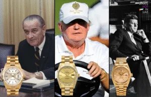 A triptych featuring three men: on the left, a serious-looking middle-aged man in a suit with a striped tie seated at a desk; in the center, a smiling man with short hair wearing a baseball cap and white shirt while holding a steering wheel; on the right, a distinguished man in a suit sitting in a chair with a book in hand, looking contemplative. Each section has an image of a gold Rolex watch superimposed beneath it.