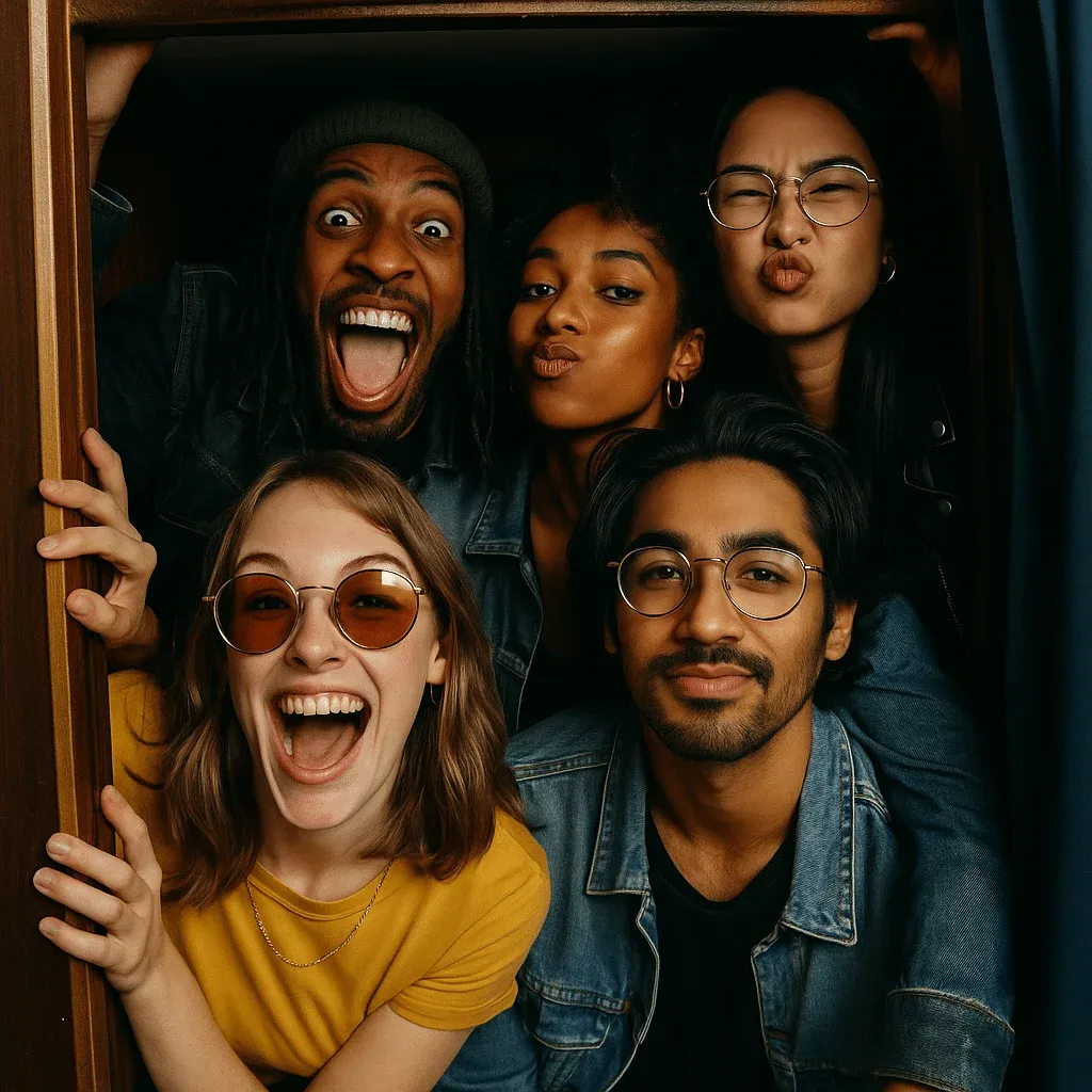 A group of five friends posing together in a small space, all smiling and making playful facial expressions. The group includes a person with dreadlocks, a person with curly hair, a person wearing round sunglasses, and others wearing casual denim outfits. The setting appears cozy and humorous, with wooden elements in the background.