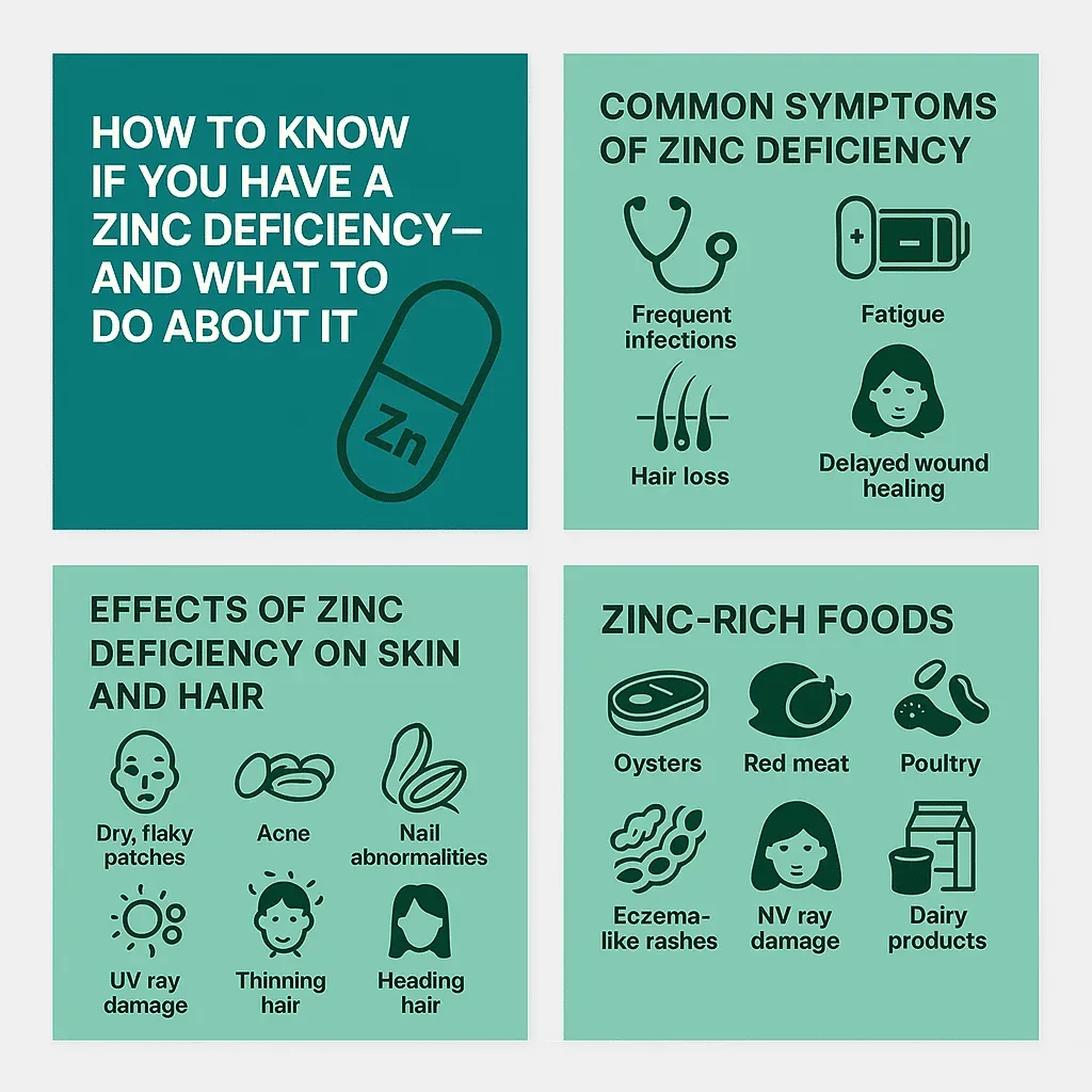 Four informational panels about zinc deficiency: the first panel explains how to identify zinc deficiency; the second lists common symptoms such as frequent infections, fatigue, hair loss, and delayed wound healing; the third details the effects of zinc deficiency on skin and hair, including dry patches, acne, nail abnormalities, UV damage, thinning hair, and headache; the fourth highlights zinc-rich foods like oysters, red meat, poultry, and dairy products.