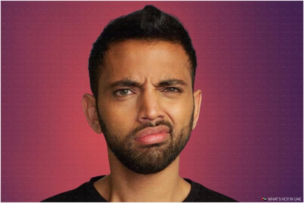 A person with a quizzical expression, furrowing their brow and lips pursed, against a gradient purple and pink background.