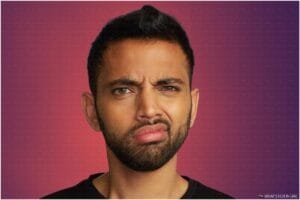 A person with a quizzical expression, furrowing their brow and lips pursed, against a gradient purple and pink background.