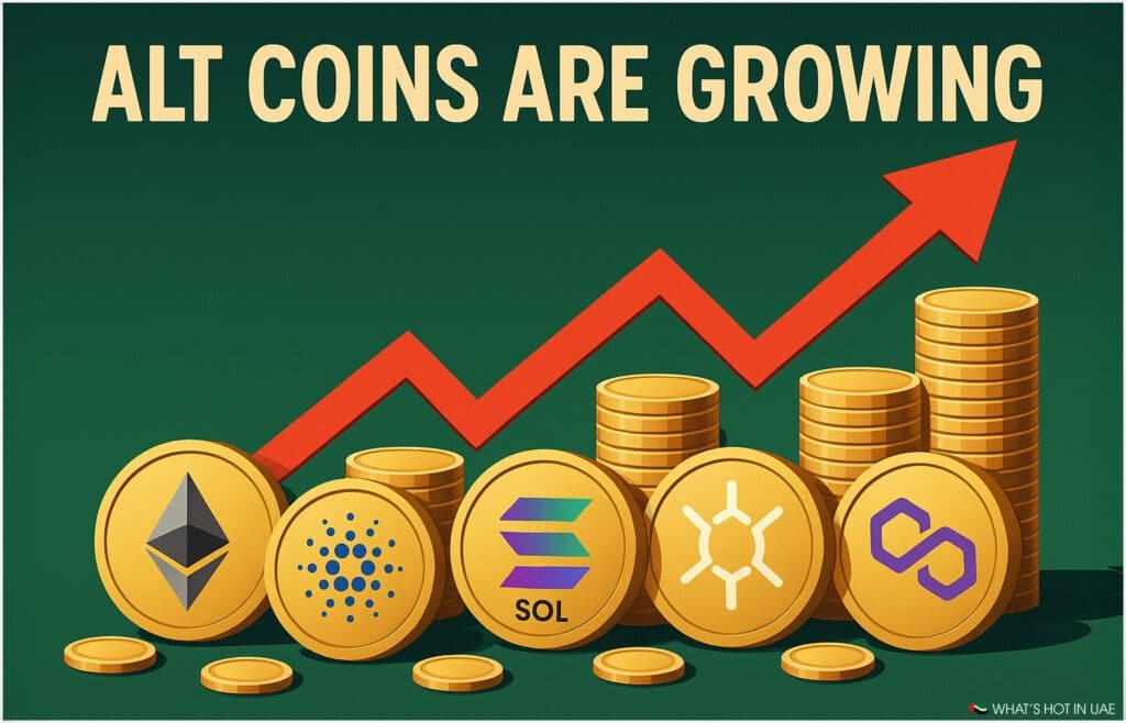 Illustration showing various altcoin symbols on stacked coins with a rising red arrow and the words 'Alt Coins Are Growing'.