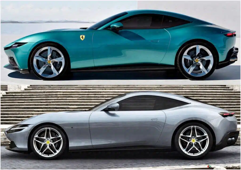 Two Ferrari coupes parked side by side, the upper car is teal and the lower car is silver, both showcasing sleek, aerodynamic designs and distinctive Ferrari emblems on the front fender.