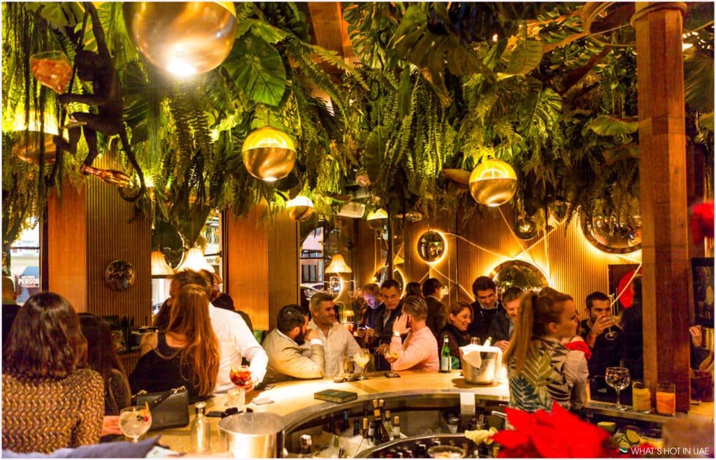 A lively bar scene with a curved counter surrounded by patrons enjoying drinks. The ceiling is adorned with lush greenery and decorative spherical lights, creating a vibrant and cozy atmosphere. A black monkey statue holding a drink is suspended from the ceiling, adding a whimsical touch to the decor.