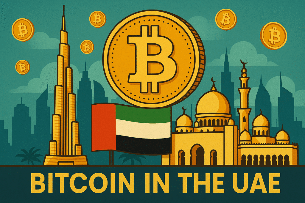 Illustration featuring the Bitcoin symbol and several coins, with the United Arab Emirates skyline in the background, including the Burj Khalifa and a mosque, alongside the UAE flag. Text at the bottom reads "Bitcoin in the UAE."