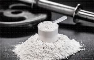 A scoop filled with white Creatine powder on a pile of the same powder, with a barbell and weight plate in the background.
