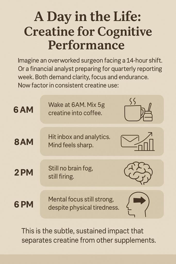 Infographic titled "A Day in the Life: Creatine for Cognitive Performance" describing a schedule for creatine use. At 6 AM, mix 5g of creatine into coffee to start the day. At 8 AM, engage with inbox and analytics with a sharp mind. At 2 PM, maintain a clear mind without brain fog. At 6 PM, sustain mental focus despite physical tiredness. The text highlights creatine's impact on focus and endurance for demanding jobs.
