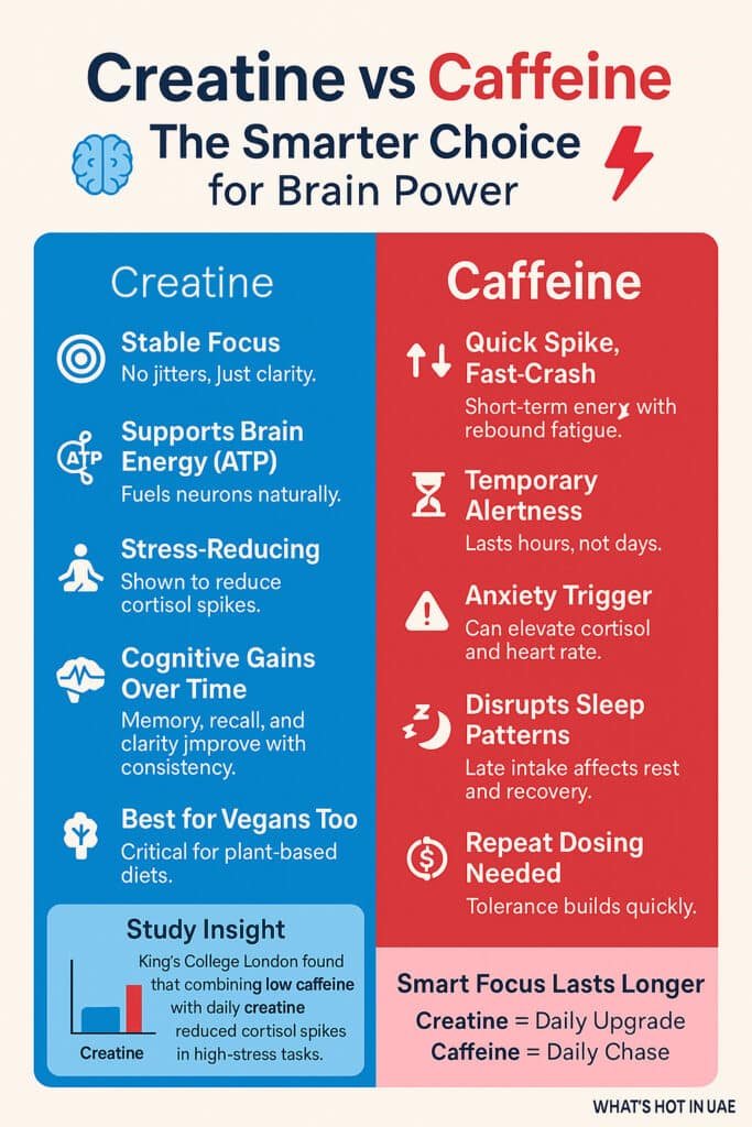 A comparison chart titled "Creatine vs Caffeine: The Smarter Choice for Brain Power." The left side highlights creatine benefits: stable focus, supports brain energy (ATP), stress-reducing, cognitive gains over time, and best for vegans. The right side outlines caffeine effects: quick spike and crash, temporary alertness, anxiety trigger, disrupts sleep patterns, and repeat dosing needed. A study insight mentions King's College London findings on reduced cortisol spikes with low caffeine and daily creatine use. Creatine is labeled as a daily upgrade, and caffeine as a daily chase.