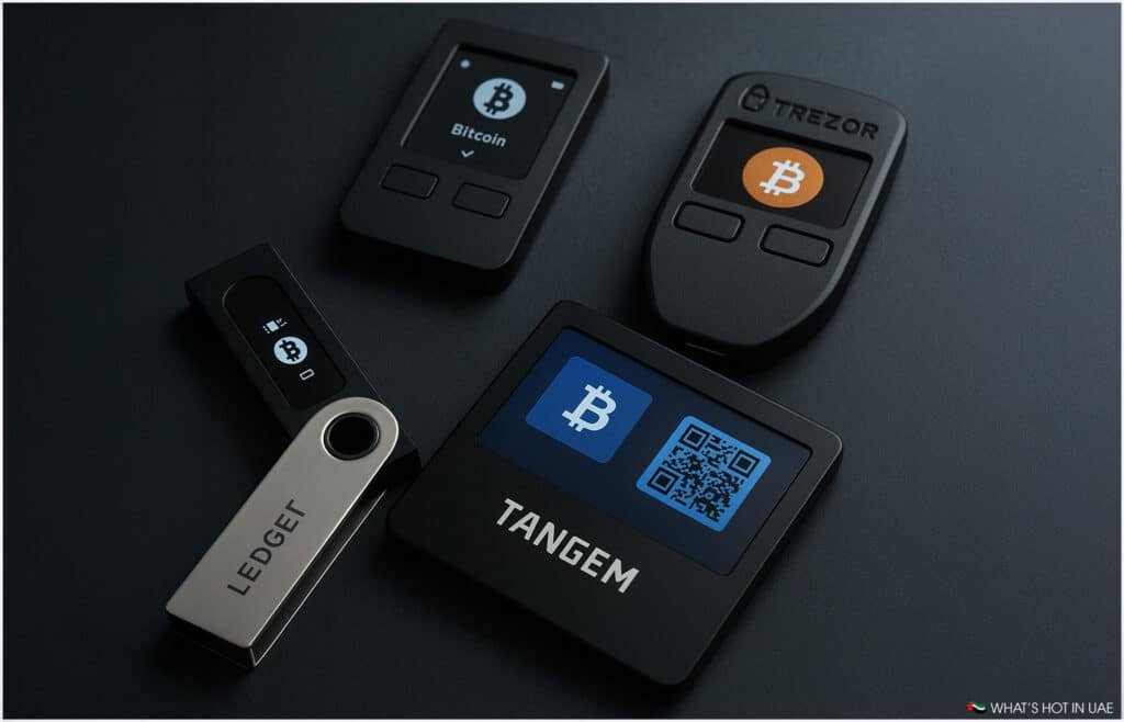 A collection of cryptocurrency hardware wallets, including devices labeled Ledger, TREZOR, and Tangem, displayed on a dark surface with various digital screens showing the Bitcoin symbol.