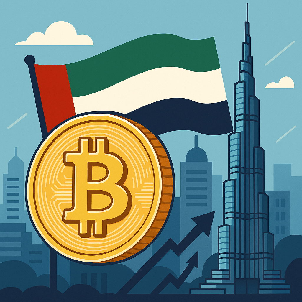 Illustration of a large Bitcoin symbol in front of the Burj Khalifa and a UAE flag, with upward-trending arrows in the background.